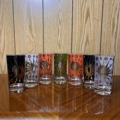 Vintage Fred Press Atomic Starburst 7 Glasses Mid Century Mod Signed Barware 60s