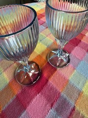 Fostoria Wine Glasses, light blue, set of 2, ribbed design, 6.5″ tall