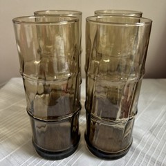 Set of 4 Libby Clear Brown Bamboo Tiki 14 oz 7” Tall Tumbler Drinking Glasses