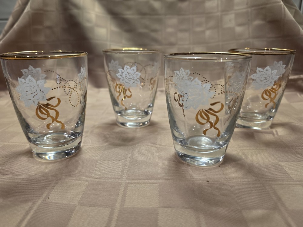 VINTAGE Set of 4 Libbey Juice Glasses 4 oz White Rose Bouquet Gold Ribbon & Rim