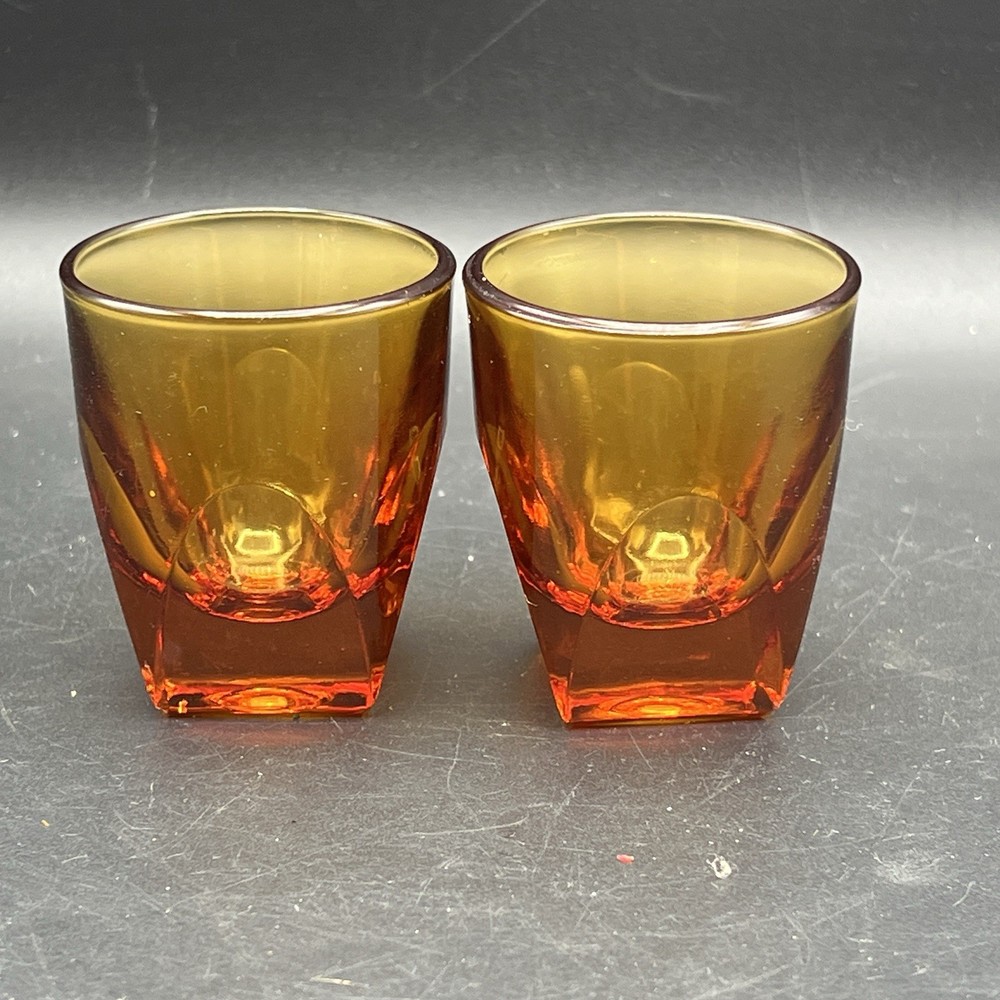 2 Colony VANITY AMBER Square Bottom Rocks Double Shot Whiskey Glasses