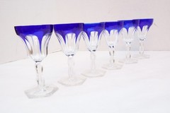 SET 6 BOHEMIAN CZECH CUT TO CLEAR CRYSTAL 5.5″ WINE GLASS GOBLETS Cobalt BLUE