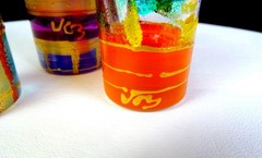 JM Signed Art Glass Multicolor Enamel Painted 3Pce Vintage 4 1/4″ Shot Glasses
