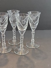 Set of 7 Gray Cut Etched Floral Crystal Cordial Glasses Ornate Cut Stem 5″
