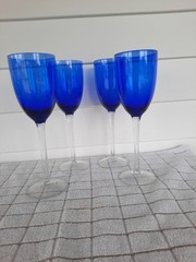 Set of 4 Vintage Hand Blown Cobalt Blue Wine Glasses With Clear Long Stems, 9”