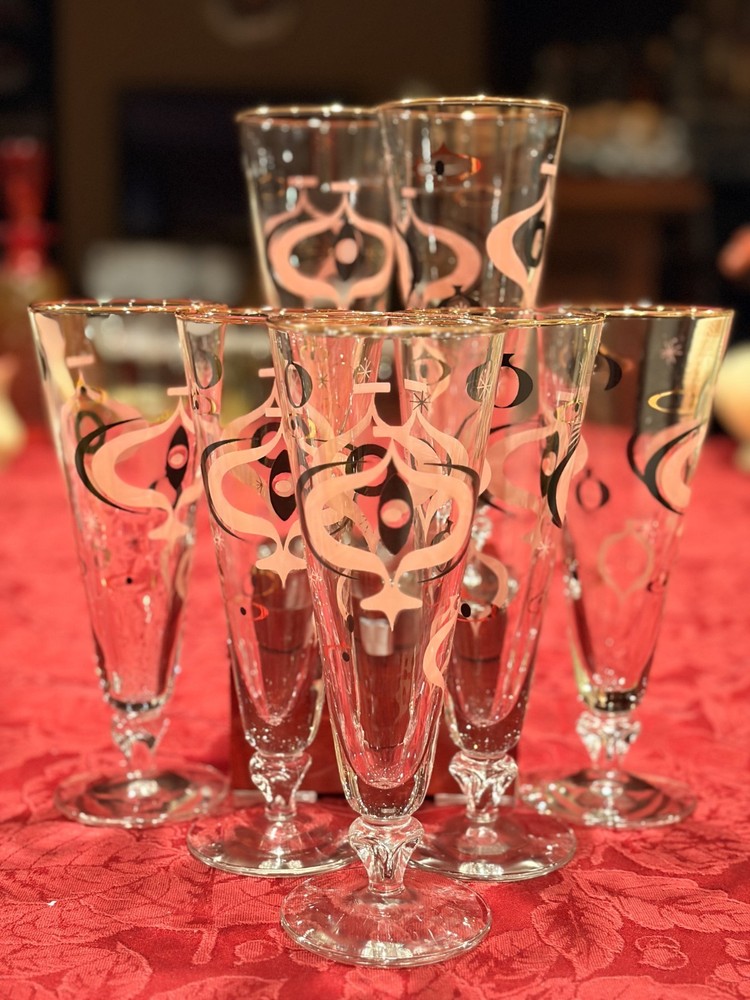 Retro Vintage Libbey Seville Atomic Pilsner Glasses Set/7 MCM Ex Cond 8″ Ex Cond