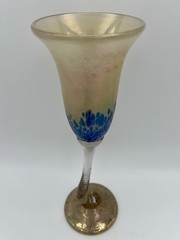 Brioni Art Glass Blue Iridescent Oil Spot 5oz Wine Glass Champagne Flute Signed