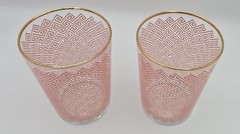 Vintage Rakle Omega Pink Greek Key Tumblers Set of 2 Gold Rim Drinking Glasses