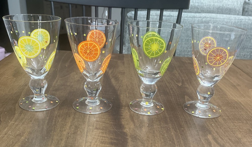 Vtg Set of 4 Glasses Citrus Slices & Polka Dots Lemon Lime Orange Grapefruit 7”H