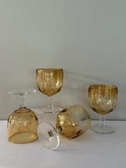 4 Vintage Bartlett Collins Atomic Starburst Amber Thumbprint Goblets MCM