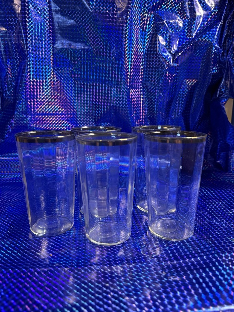 Lot of 5 Clear Glass Tumblers Water Glasses with Silver Rim Mid Century Modern