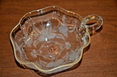 Vintage Hand Blown Nappy Etched Floral Clear Glass Handle Leaf Pattern Gold rim