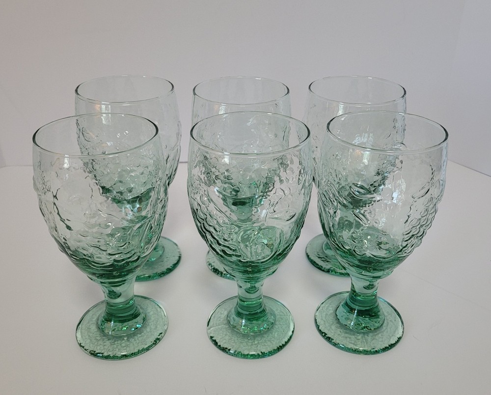 Set of 6 Libbey Orchard Fruit Green Glass 7″ Footed Tea /Water Goblets