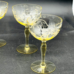 5 Champagne Sherbet Glasses 5.75” Optic Topaz Yellow Crystal Etched Flowers