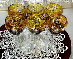 Cut to Clear Glass Crystal 8” Set 6 Nachtmann Amber Yellow Wine Glasses Goblets