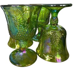 Carnival Glass Goblets Green Iridescent Grape Pattern Vintage Set of 4