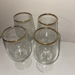 Lot Of 4 Wine Water Goblet Clear Glasses Gold Trim Stemware 7″ Unknown Maker #1