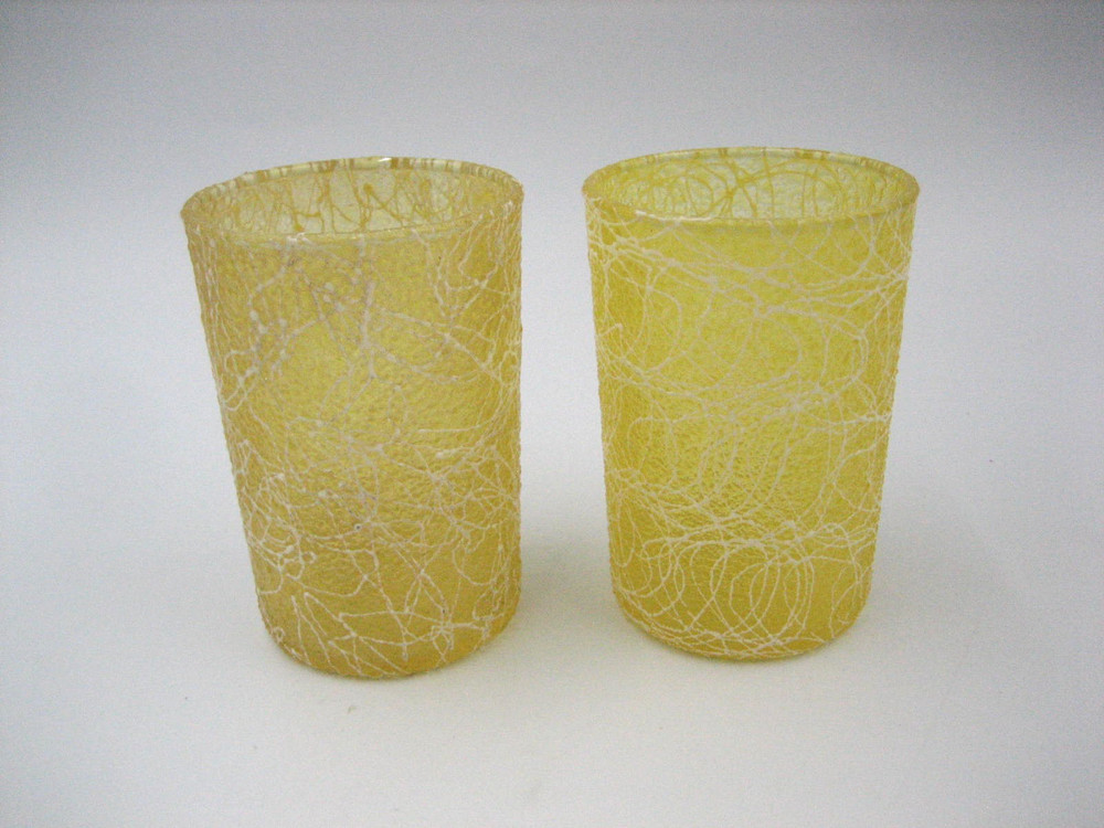Spaghetti String Juice Glasses Drizzle Rubber Yellow MCM Set of Two