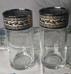 2 RARE Vintage 6.5 in. Italian Highball Glasses With Platinum Greek Key Band.