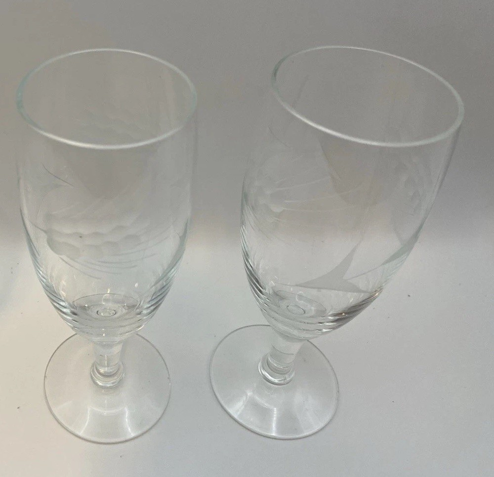 2 Antique Etched Wheat Pattern Clear Glass Wine Glasses Flutes Hand Blown