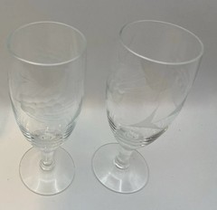 2 Antique Etched Wheat Pattern Clear Glass Wine Glasses Flutes Hand Blown