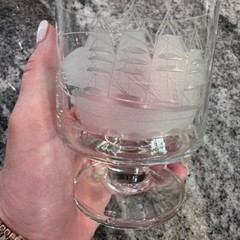 Tuscany Clipper Etched Ship Glass Decanter and 3 Footed Whiskey Glasses