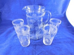 Central Glass Works Tulip and Band Etch Pitcher & 4 Tumblers Clear West Virginia