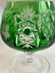 Ajka Marsala Emerald Green Cut to Clear Crystal Brandy Glass Cut Stem Hungary