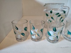VTG Federal Glass Dixie Dogwood 7 Pc Juice Pitcher Set Hand Painted Grandmacore