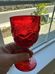 Red Pressed Glass Leaf Motif Decorative Goblet, 5 in Tall, 3 in Diameter