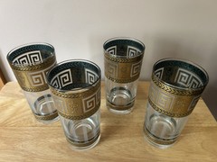 Set Of 4 CULVER Greek Highball Glasses Green 22k Gold MCM Cocktail Signed