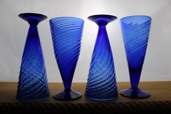 Art Studio 4 Hand Blown Swirl Optic Cobalt Blue Fluted Glasses