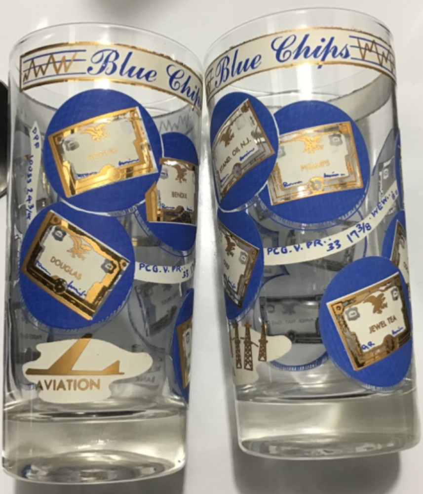 Rare Old MCM Vintage Blue Chip Stocks Double Rocks Glasses Blue&Gold Set of 4