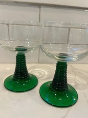 Pair MCM Roemer Green Ribbed Stem Goblets Vintage French Wine Cocktail Barware