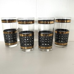 Libbey Tall High Ball Tumblers Black Cane Basket Weave Pattern Glasses Set Of 4