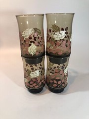 Vintage 1950s Set of 4 Libby Juice Glasses- Smoked Glass with Roses and Leaves