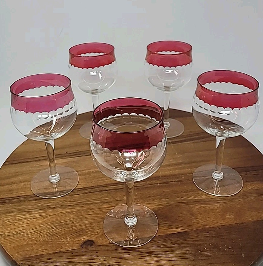 Set of 5 Crystal Ruby Red crystal Cut To Clear Dot Ruby Flash Wine Goblets 6.75″