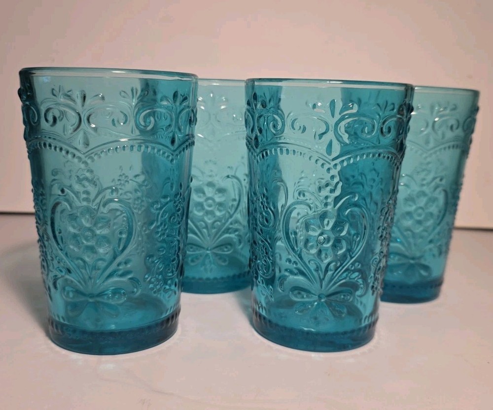 Set Of 4 Pioneer Woman Amelia Glasses/Tumblers Retired Beautiful Teal Color