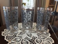 Vintage Highball Drinking Glasses Black Paisley Print With Gold Set Of 3
