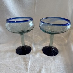 Mexican Hand Blown Margarita Glasses Set of 2 w/ Cobalt Rim Bubbles 6.75” Tall