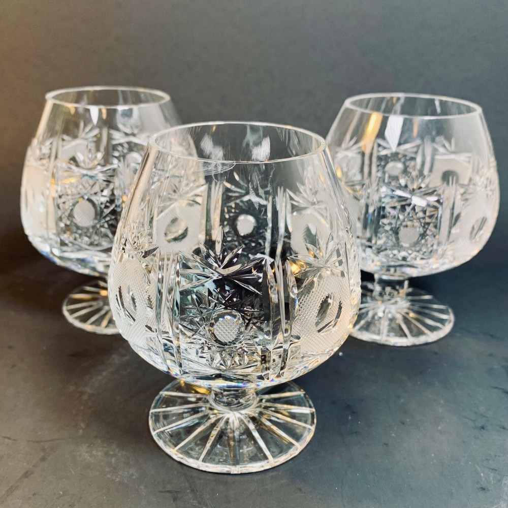 Vintage Diamond Cut CRYSTAL BRANDY CONGAC SNIFTERS Stars Pedestals Germany 3.5″