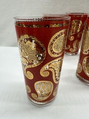 Vtg Set of 6 MCM Culver Red & 22k Gold Paisley Highball Glasses Tumbler Cocktail