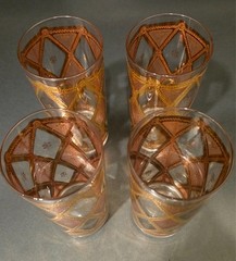 4 CULVER PINK LIDO hiball glasses GOLD & pink with braid MCM 60s BEAUTIFUL!