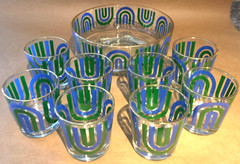 RARE! Vintage MCM JEANNETTE 8 Pc Old Fashioned Low Ball Glass Set + Serving Bowl