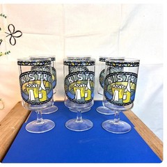 Set of 6 Cora Bistro glasses 16 oz Vintage Footed Barware Stained Glass Motif