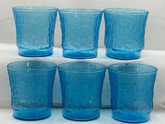 6 Vtg Pagoda Laser Turquoise Blue On The Rocks Lowball Whiskey Cocktail Glass
