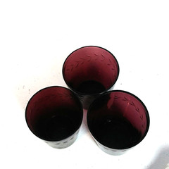 Vtg Set of 3 Amethyst Glass 6oz Tumblers Hand Cut Leaf Border Whiskey Glass EUC