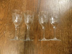 Crystal Glasses Cordials Sherry Vtg Set 4 Etched Floral Bamboo stem Leaves 5.25″