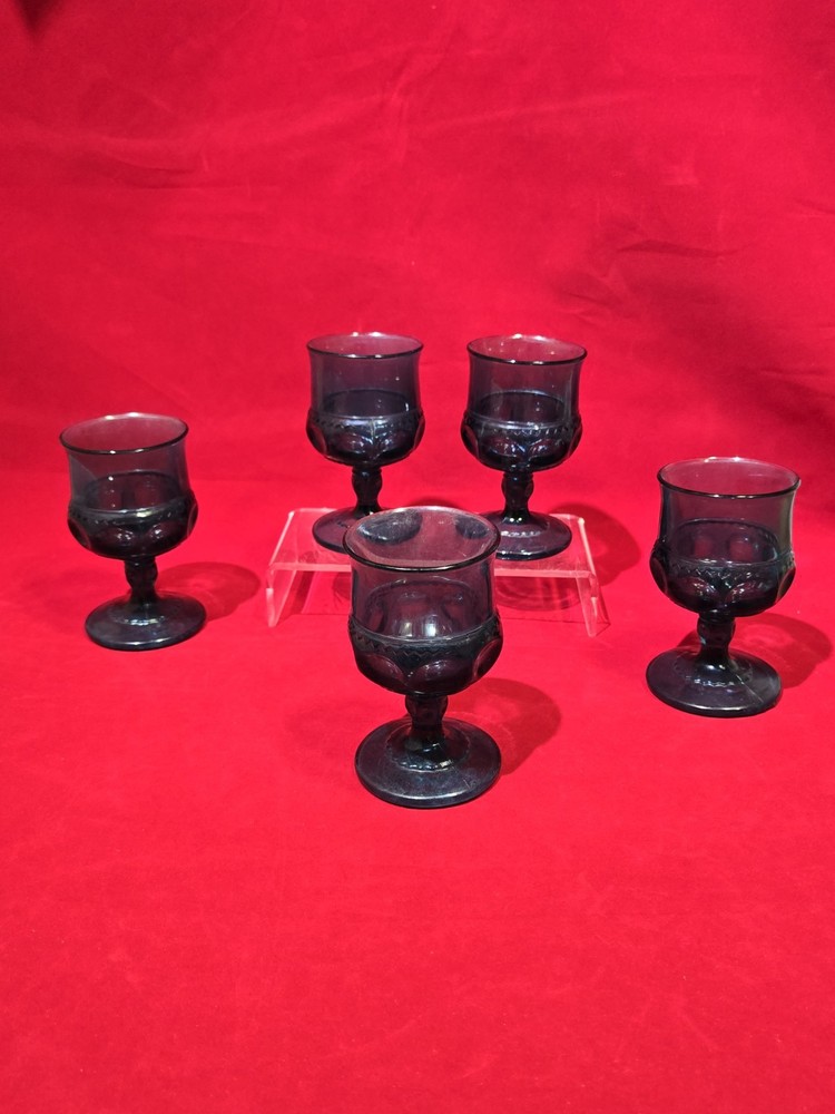 5 Vintage Indiana Glass 4.5” Kings Crown Thumbprint Footed Goblets Blue