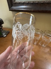 4 VTG Bartlett Collins Embossed Sugar Frosted Grapevine 24K Gold Trim Glasses